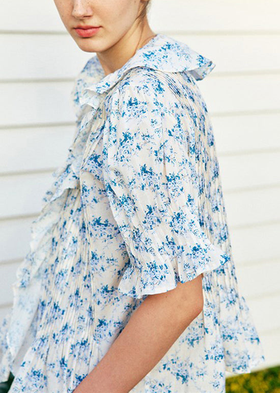 French V Neck Ruffled Print Puff Sleeve Cotton Shirts