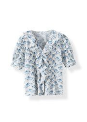 French V Neck Ruffled Print Puff Sleeve Cotton Shirts