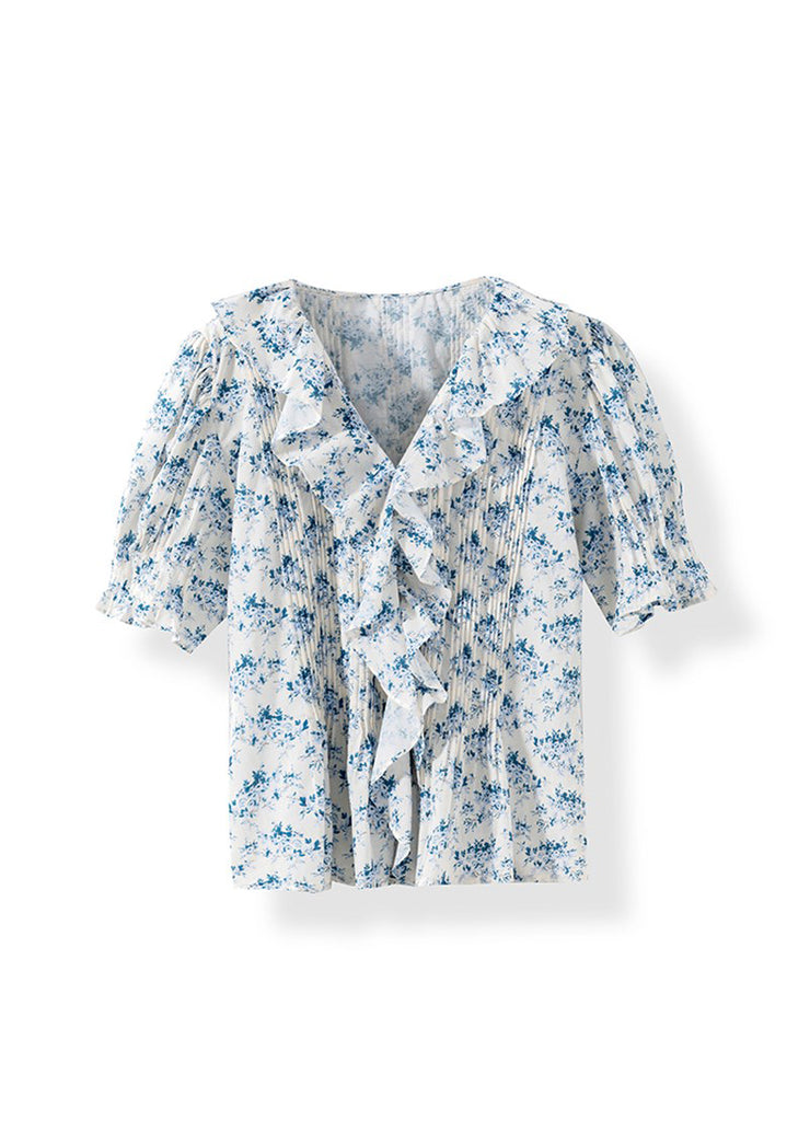 French V Neck Ruffled Print Puff Sleeve Cotton Shirts