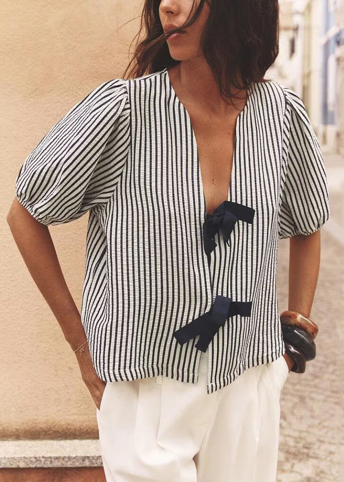 French V Neck Striped Bow Cotton Shirt Summer