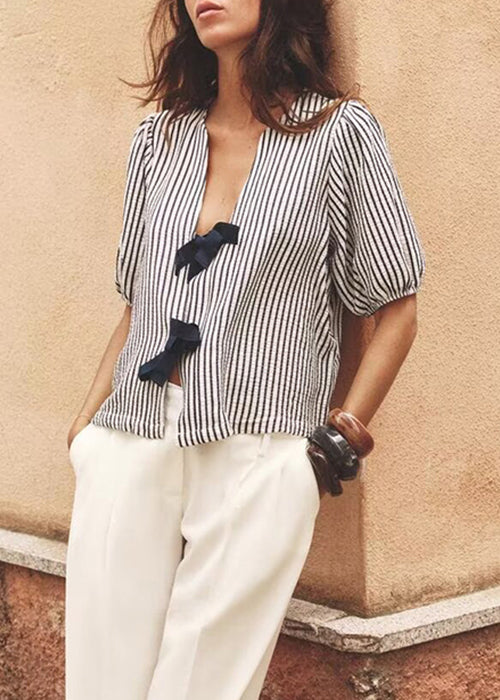 French V Neck Striped Bow Cotton Shirt Summer