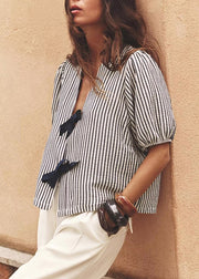French V Neck Striped Bow Cotton Shirt Summer