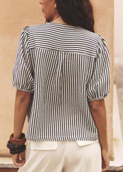 French V Neck Striped Bow Cotton Shirt Summer