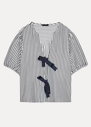 French V Neck Striped Bow Cotton Shirt Summer