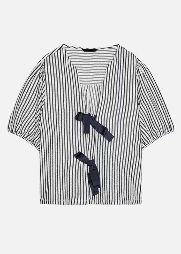 French V Neck Striped Bow Cotton Shirt Summer