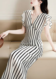 French V Neck Striped High Waist Chiffon Dress Summer