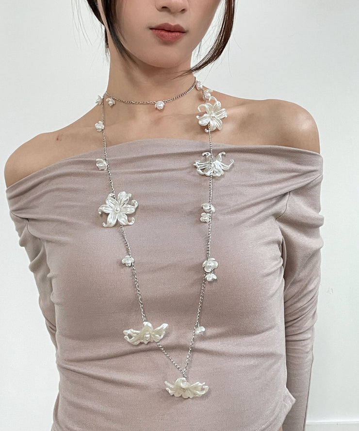 French White Alloy Chain Pearl Floral Body Chain