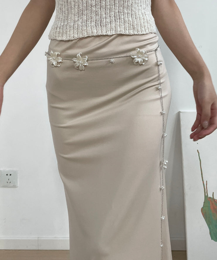 French White Alloy Chain Pearl Floral Body Chain