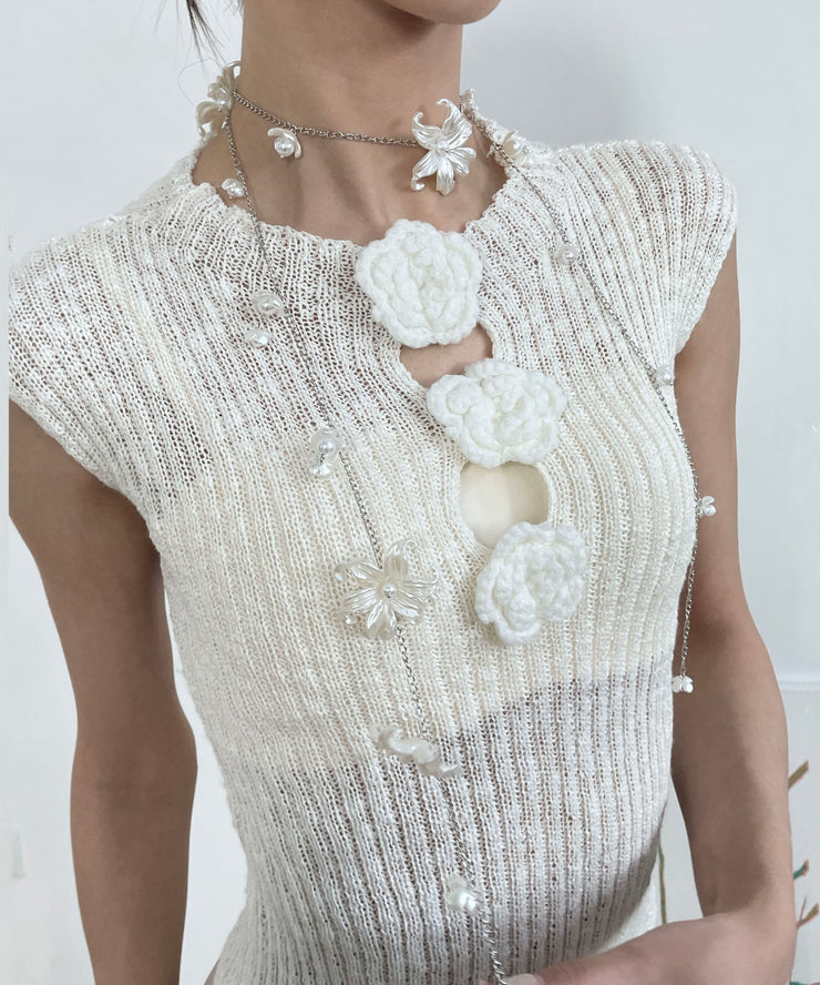 French White Alloy Chain Pearl Floral Body Chain