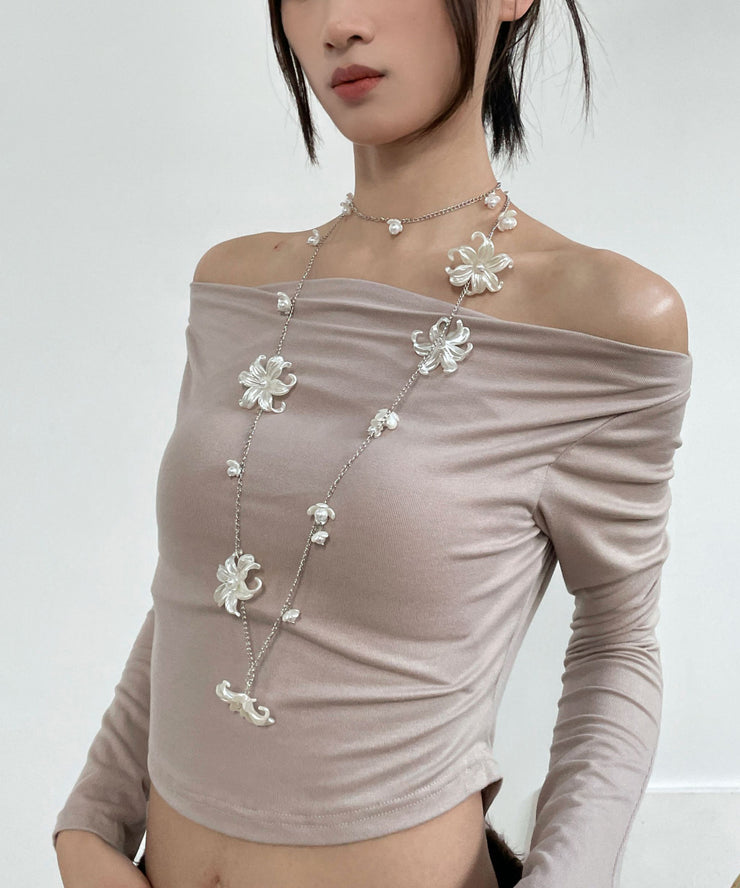 French White Alloy Chain Pearl Floral Body Chain