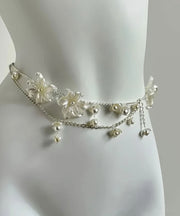 French White Alloy Chain Pearl Floral Body Chain