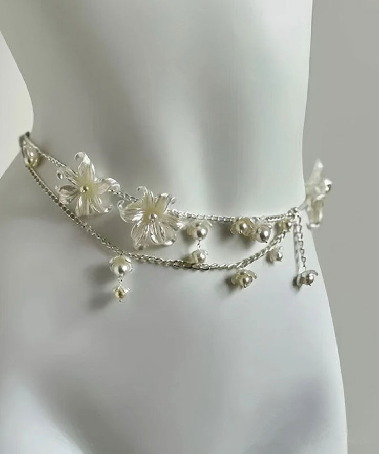 French White Alloy Chain Pearl Floral Body Chain