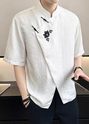 French White Asymmetrical Embroideried Cotton Mens T Shirt Summer
