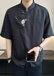 French White Asymmetrical Embroideried Cotton Mens T Shirt Summer