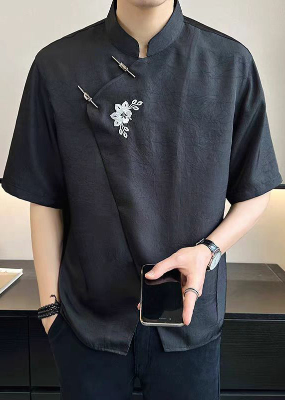 French White Asymmetrical Embroideried Cotton Mens T Shirt Summer
