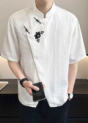 French White Asymmetrical Embroideried Cotton Mens T Shirt Summer