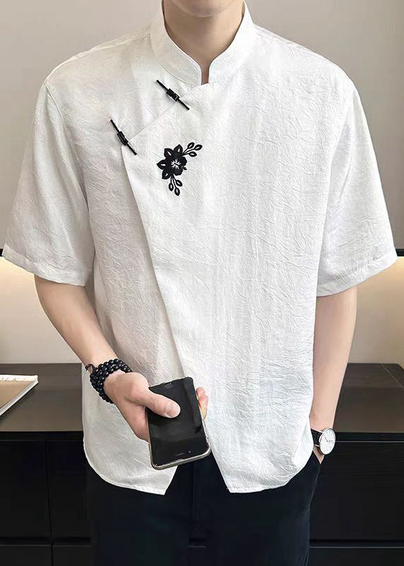 French White Asymmetrical Embroideried Cotton Mens T Shirt Summer