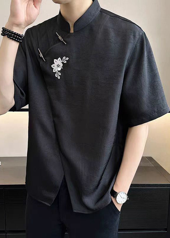 French White Asymmetrical Embroideried Cotton Mens T Shirt Summer
