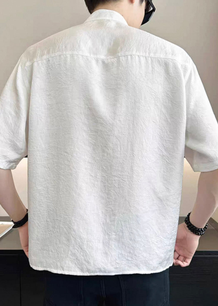 French White Asymmetrical Embroideried Cotton Mens T Shirt Summer