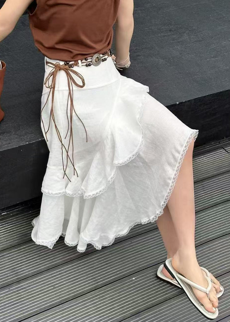 French White Asymmetrical Lace High Waist Cotton Skirt Summer