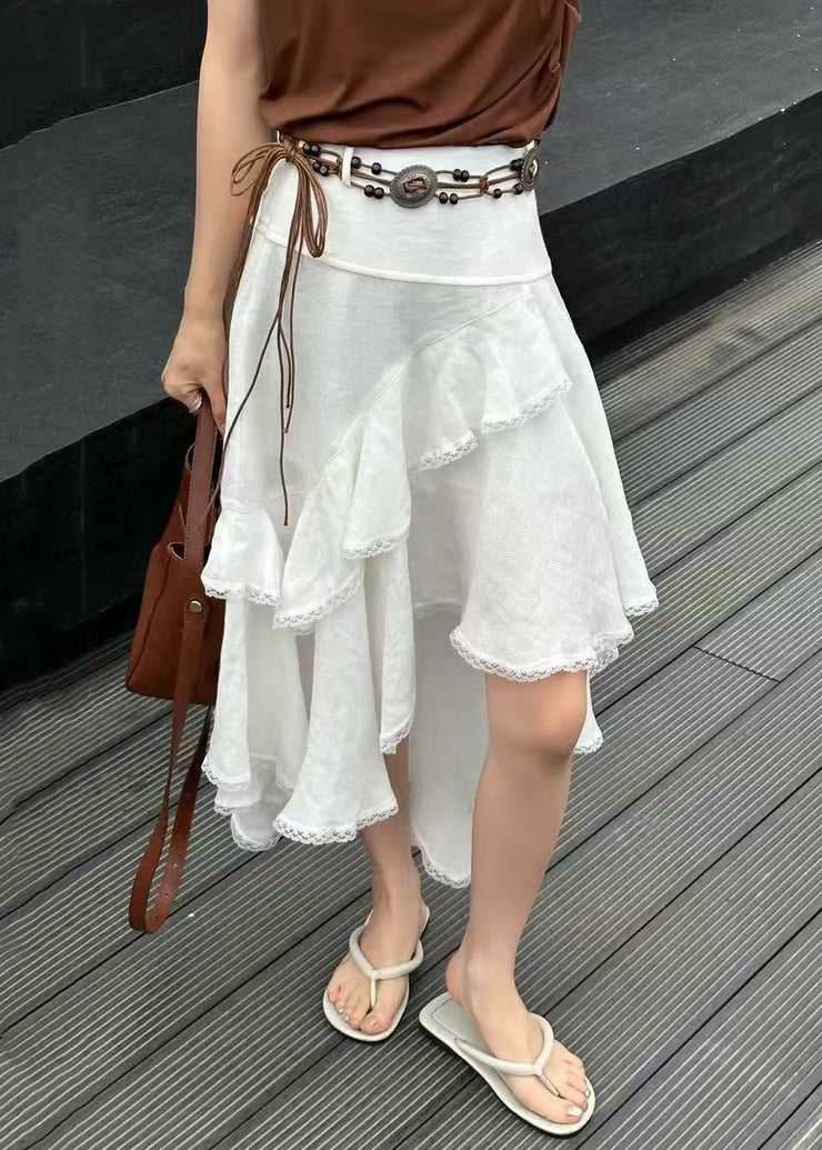 French White Asymmetrical Lace High Waist Cotton Skirt Summer