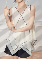 French White Asymmetrical Patchwork Chiffon Tops Sleeveless