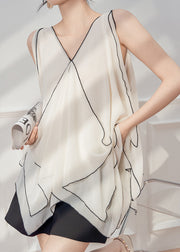 French White Asymmetrical Patchwork Chiffon Tops Sleeveless