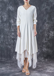 French White Asymmetrical Patchwork Knit Holiday Dress Spring