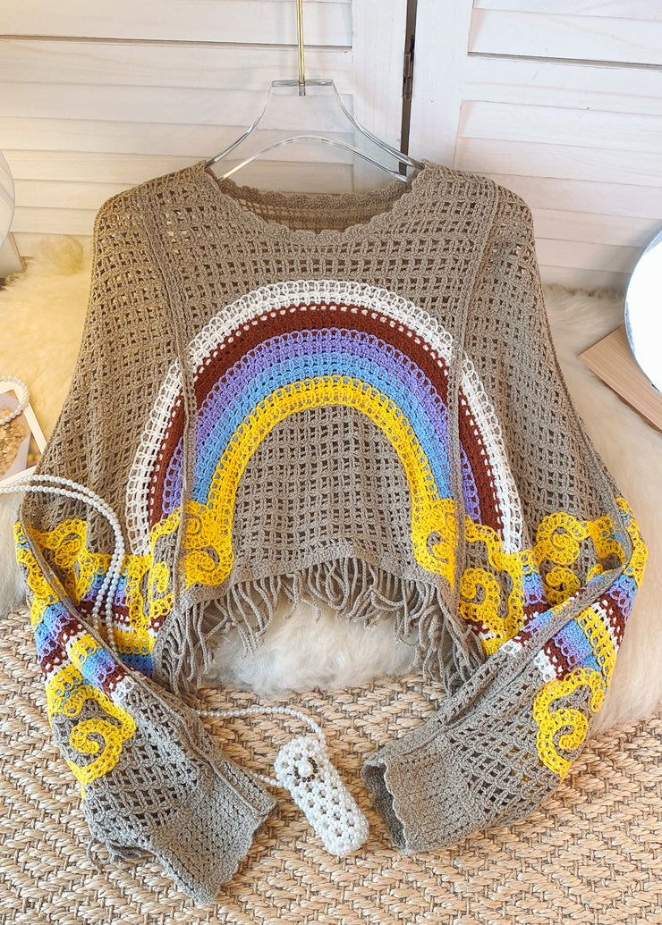 French White Blue Tassel Hollowed Out Rainbow Print Knitted Sweater Autumn