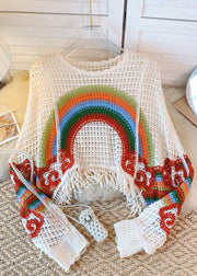 French White Blue Tassel Hollowed Out Rainbow Print Knitted Sweater Autumn