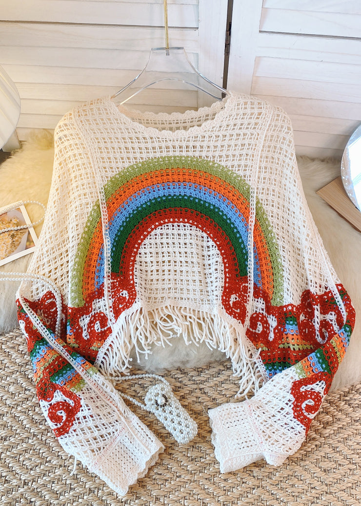 French White Blue Tassel Hollowed Out Rainbow Print Knitted Sweater Autumn