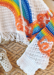 French White Blue Tassel Hollowed Out Rainbow Print Knitted Sweater Autumn