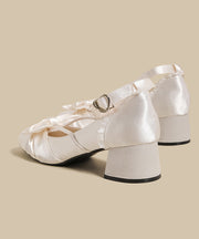 French White Bow Buckle Strap Splicing Satin Chunky Heel Shoes