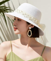 French White Bow Nail Bead Straw Woven Bucket Hat