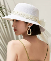 French White Bow Nail Bead Straw Woven Bucket Hat