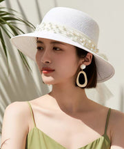 French White Bow Nail Bead Straw Woven Bucket Hat