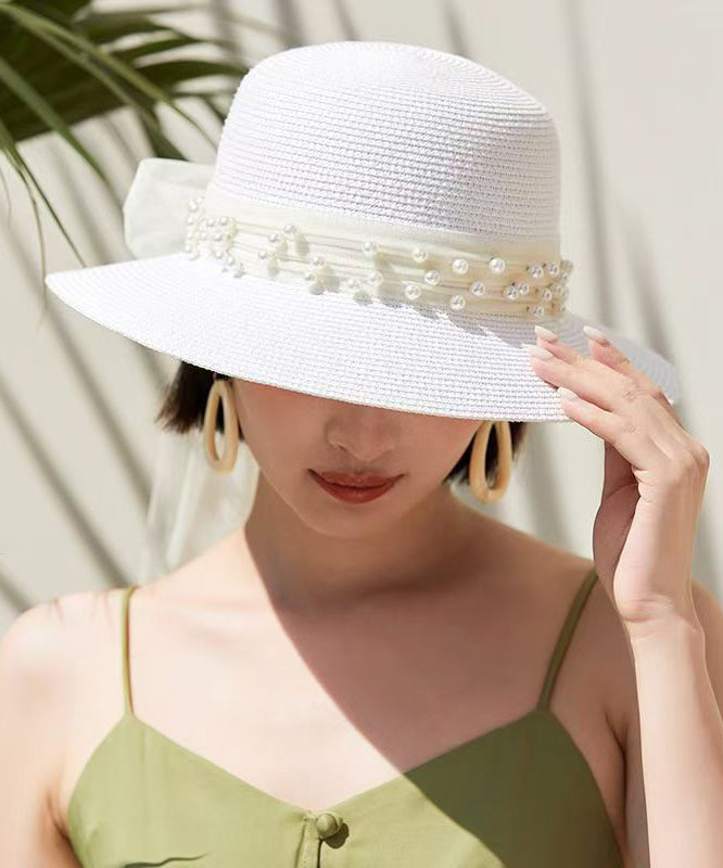 French White Bow Nail Bead Straw Woven Bucket Hat