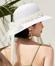 French White Bow Nail Bead Straw Woven Bucket Hat