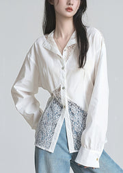 French White Button Lace Patchwork Cotton Shirts Fall