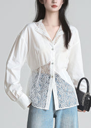 French White Button Lace Patchwork Cotton Shirts Fall