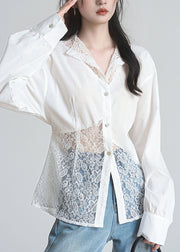 French White Button Lace Patchwork Cotton Shirts Fall