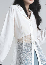 French White Button Lace Patchwork Cotton Shirts Fall