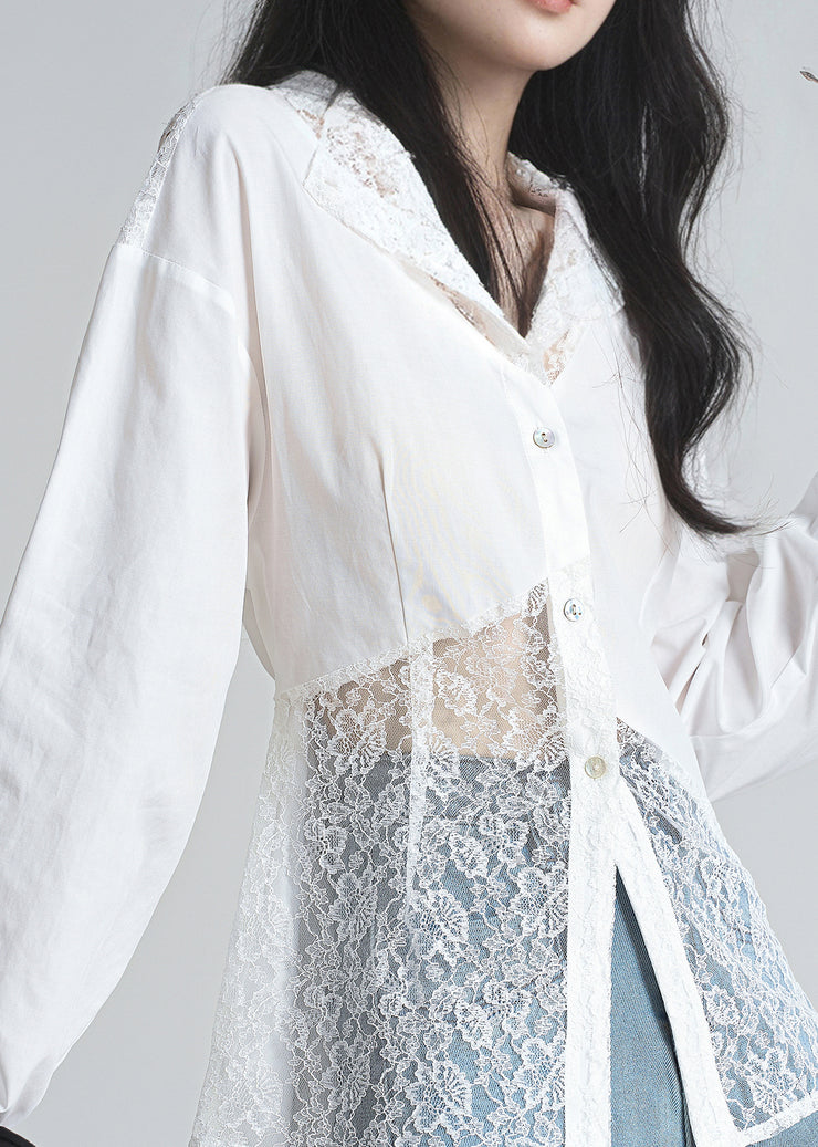 French White Button Lace Patchwork Cotton Shirts Fall