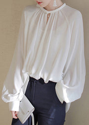 French White Button Solid Chiffon Blouses Fall