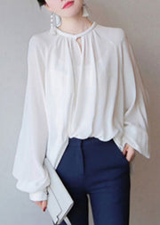 French White Button Solid Chiffon Blouses Fall