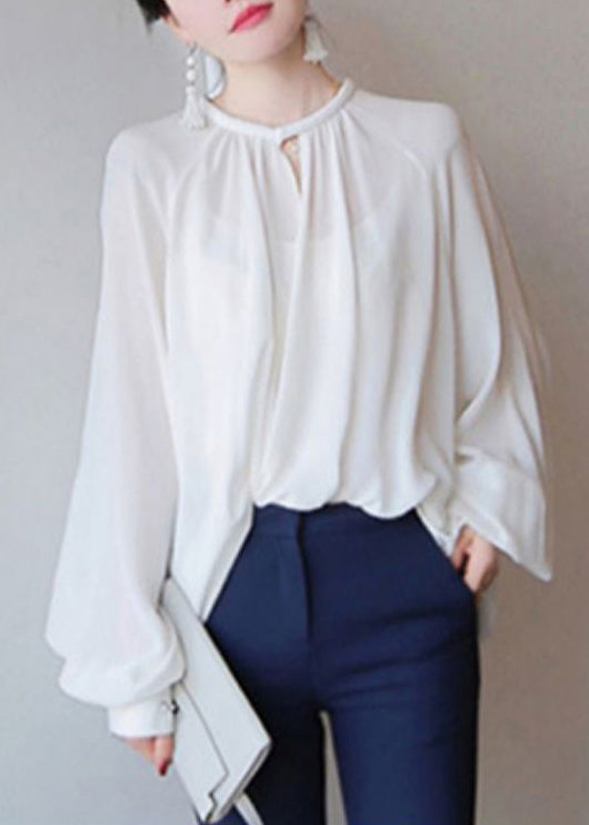 French White Button Solid Chiffon Blouses Fall