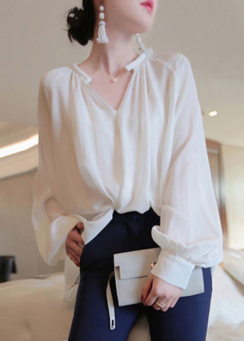 French White Button Solid Chiffon Blouses Fall