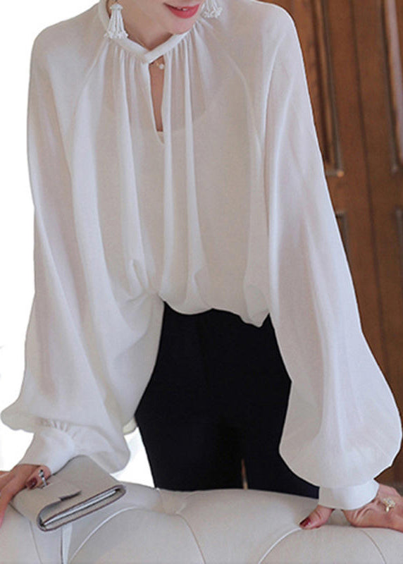 French White Button Solid Chiffon Blouses Fall