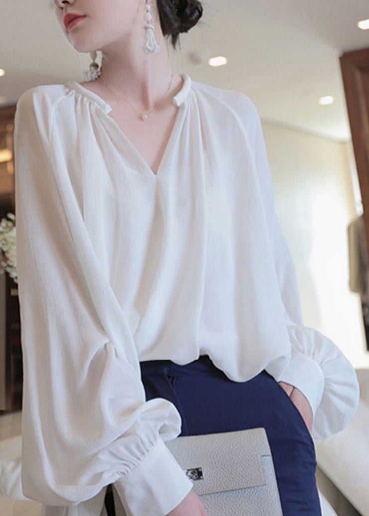 French White Button Solid Chiffon Blouses Fall