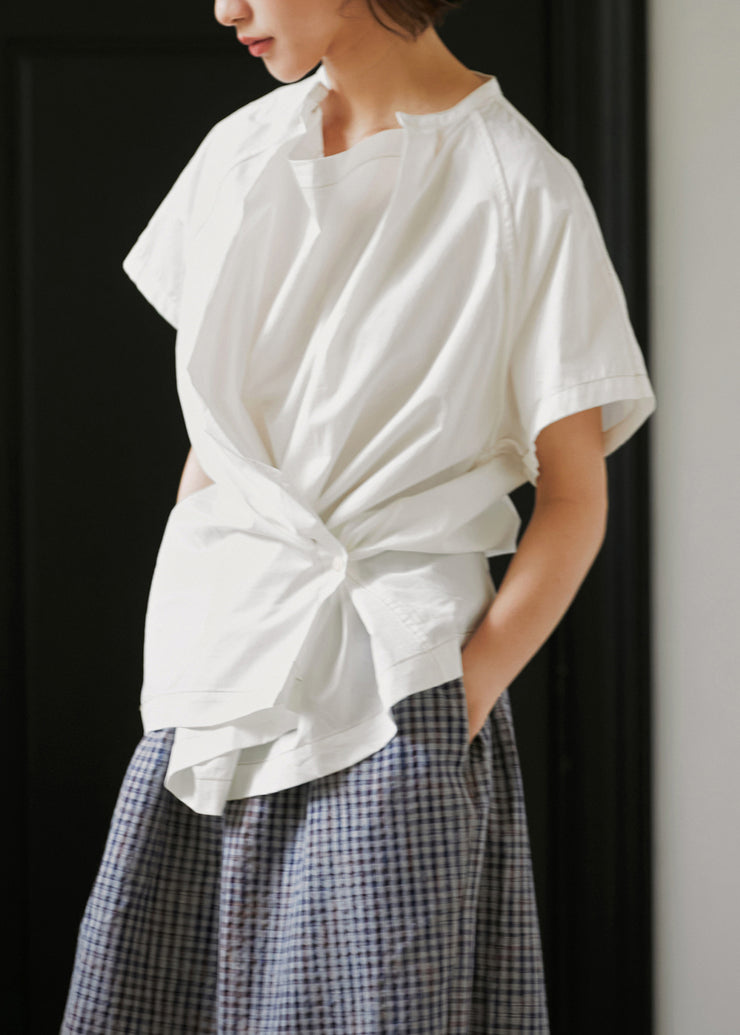 French White Button Wrinkled Cotton Tops Summer